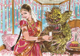Bashful Tamil bride offers a glass of milk to her monster husband on their marriage bed.